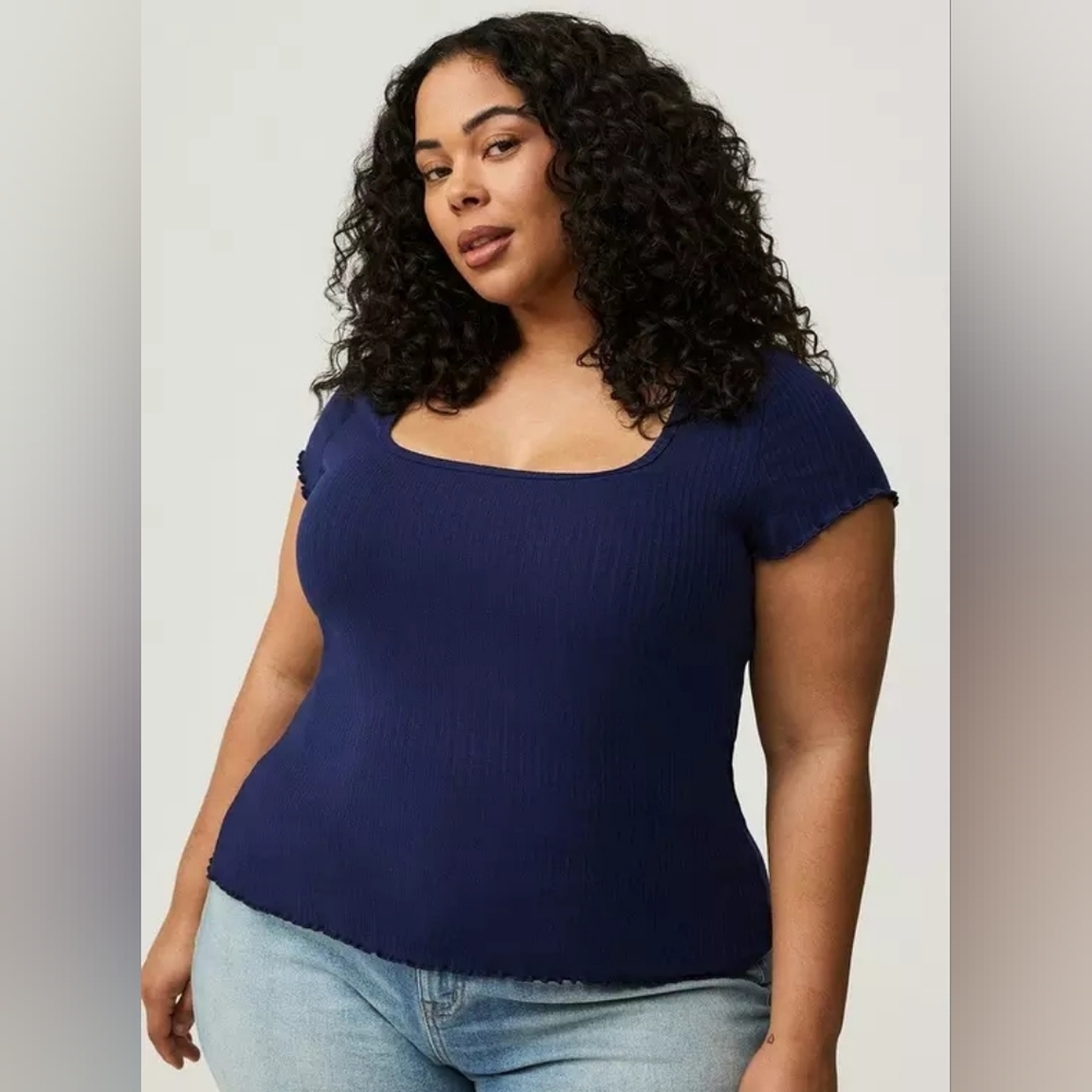 Torrid Blue Ribbed Short Sleeve Top With Square Neck